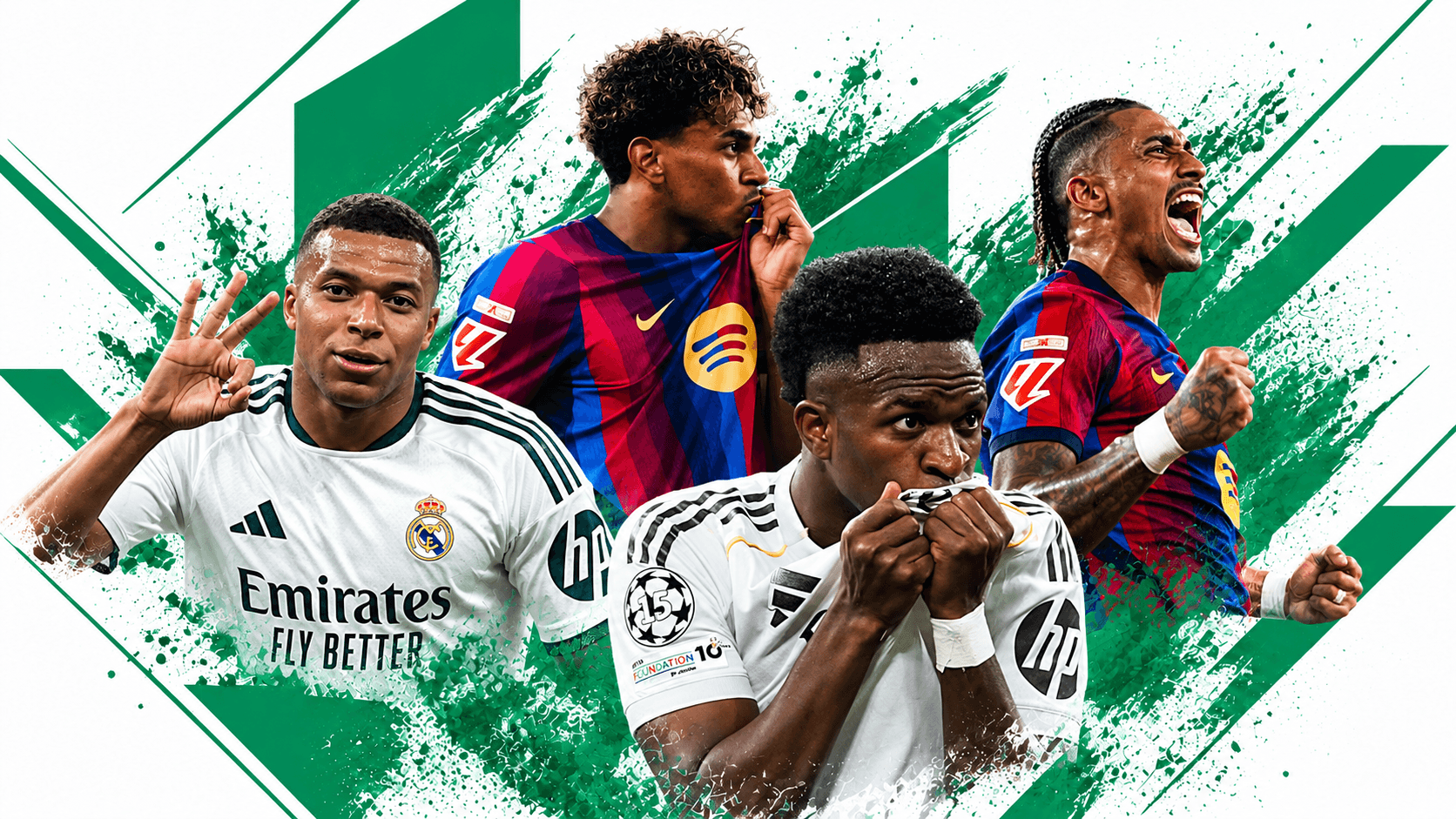Jugadores del Real Madrid y el Barcelona en un diseño con trazos de pintura verde