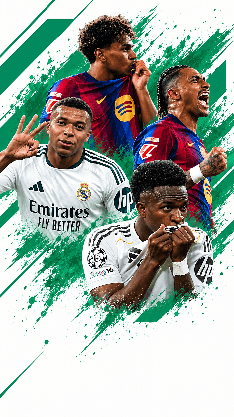 Jugadores del Real Madrid y el Barcelona en un diseño con trazos de pintura verde